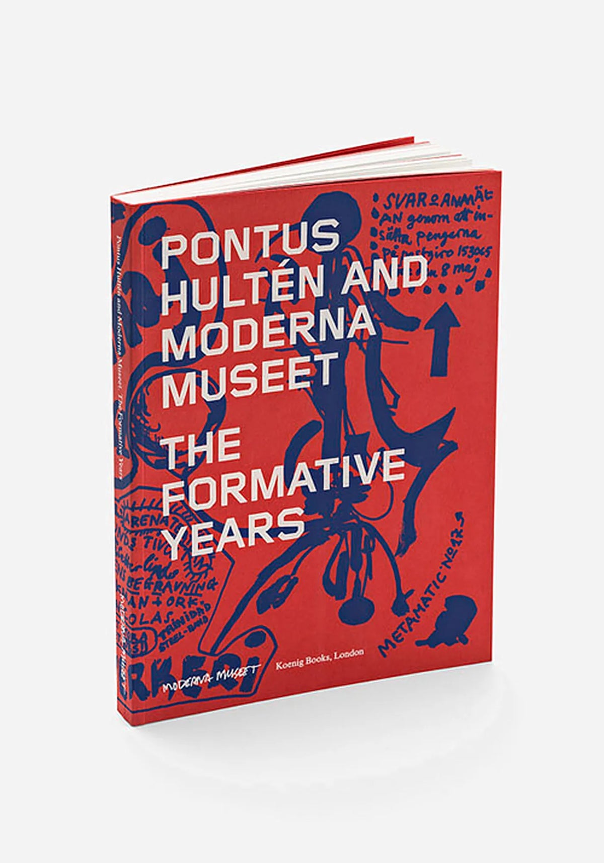 Boken Pontus Hultén and Moderna Museet. The Formative Years, rött omslag med blå teckningar och vit titel