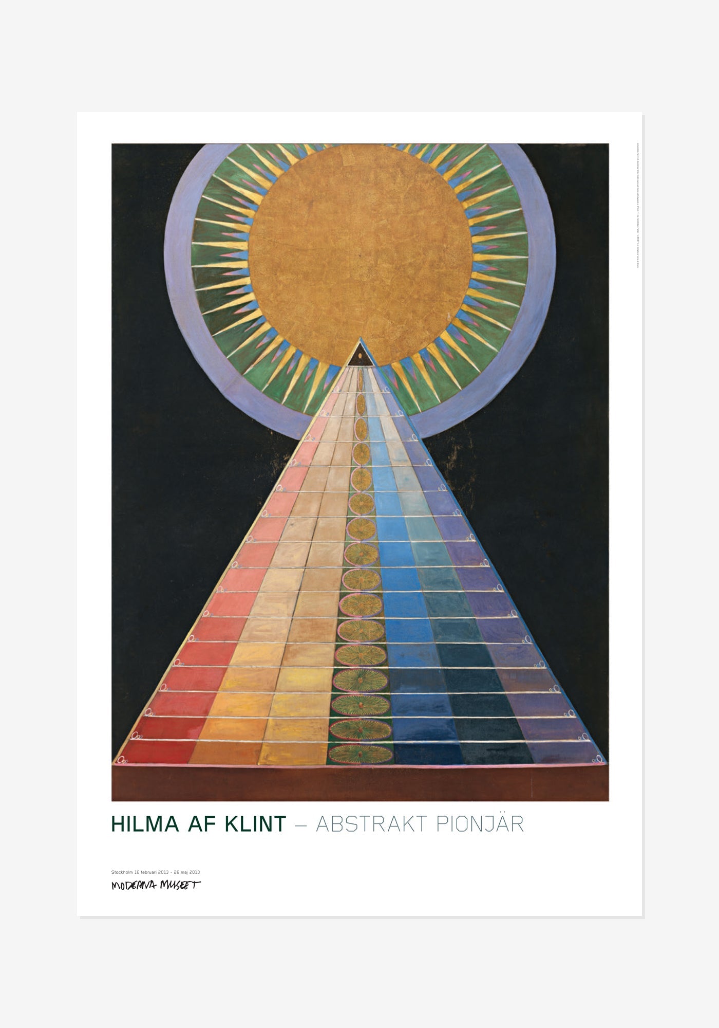 Poster av Hilma af Klints abstrakta verk Altarbild, Nr 1. Motivet föreställer en färgstark, trappstegsformad pyramid som sträcker sig upp mot en stor gyllene sol med färgglada strålar mot en mörk bakgrund.
