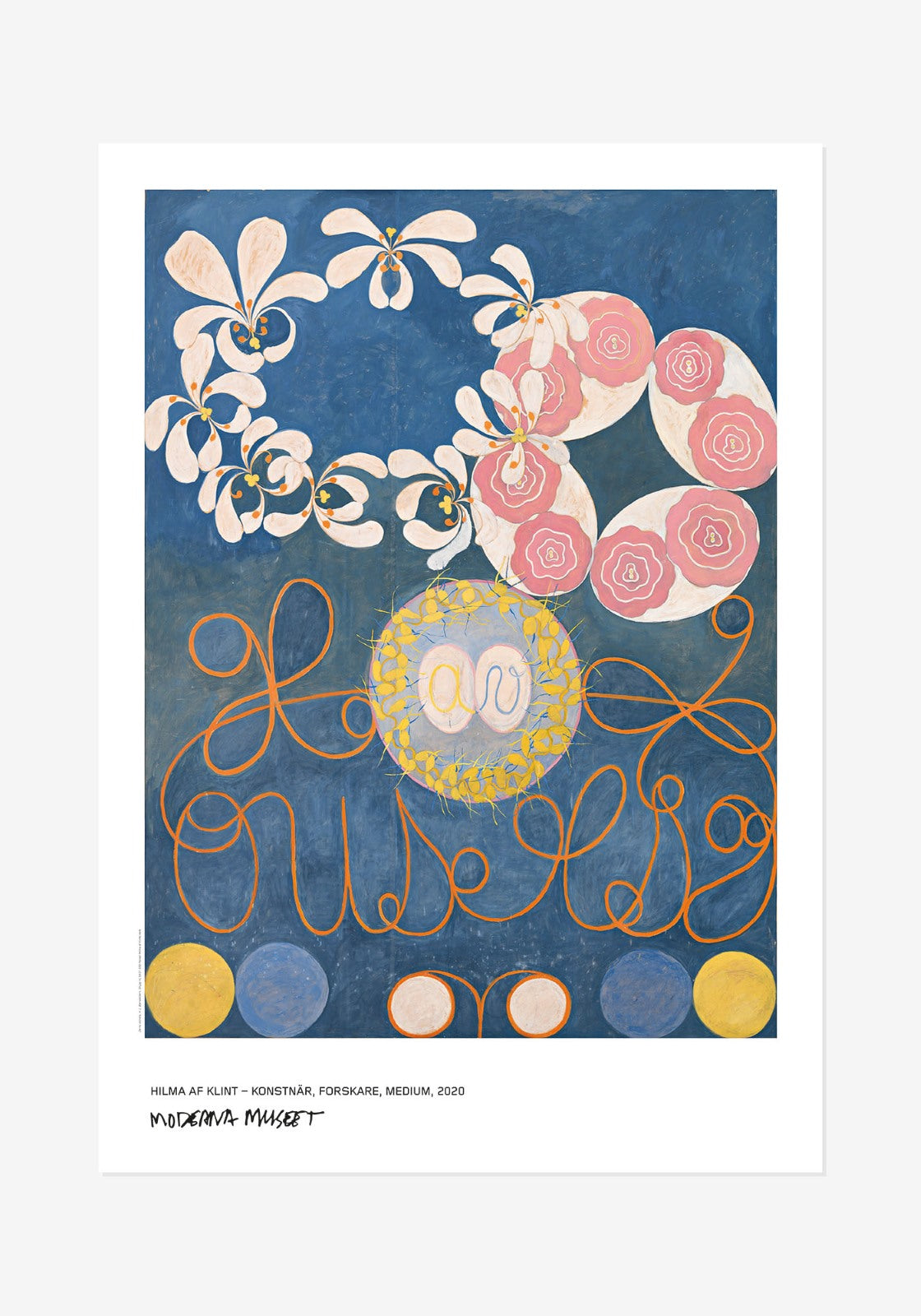 Färgstark poster av Hilma af Klints abstrakta verk De tio största, Barnaåldern. Motivet domineras av en klarblå bakgrund med stora, organiska och blomliknande former i orange, rosa, gult och vitt.