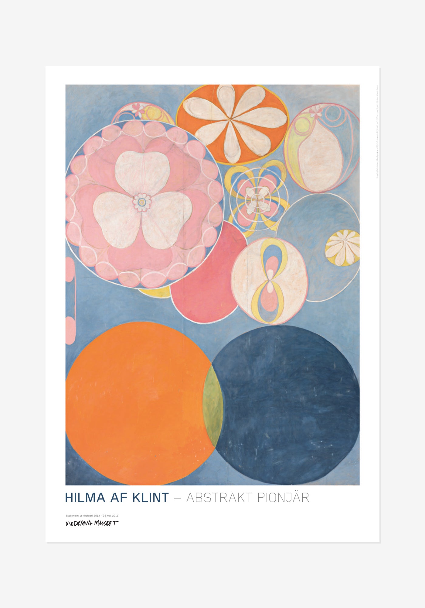 Poster med verket De tio största, Barnaåldern, Nr 2 av Hilma af Klint. Abstrakt motiv med cirklar och blomliknande former i orange, mörkblått och rosa.