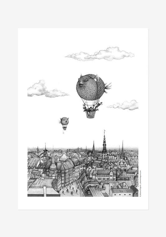 Poster, Johanna Magoria, Balloon fish over Copenhagen