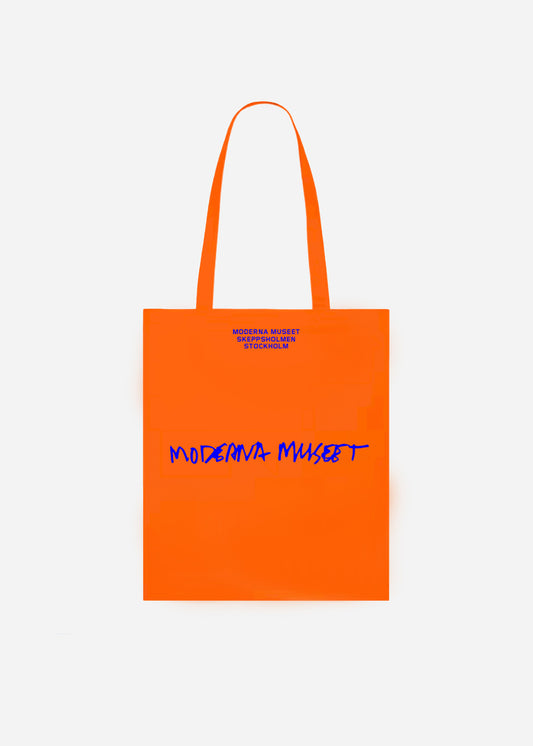 Tygkasse, Moderna Museet, Orange botten med blått tryck