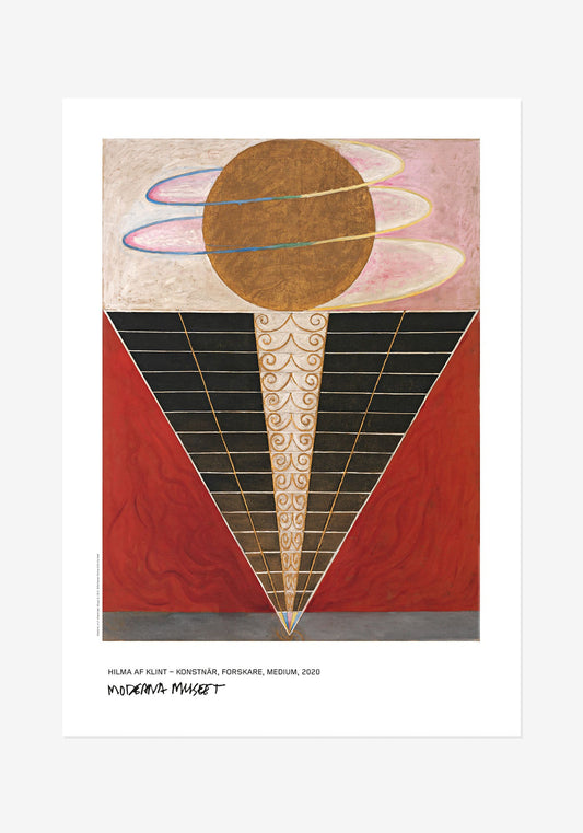 Poster av Hilma af Klints Altarbild, Nr 2. Symmetriskt motiv med nedåtriktad svart triangel, guldcirkel och röd bakgrund.