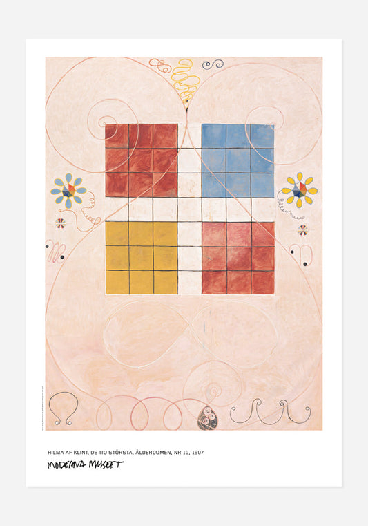 Poster av Hilma af Klints Ålderdomen, Nr 10. Abstrakt motiv med ett rutnät i rött, blått och gult mot en ljusrosa bakgrund.