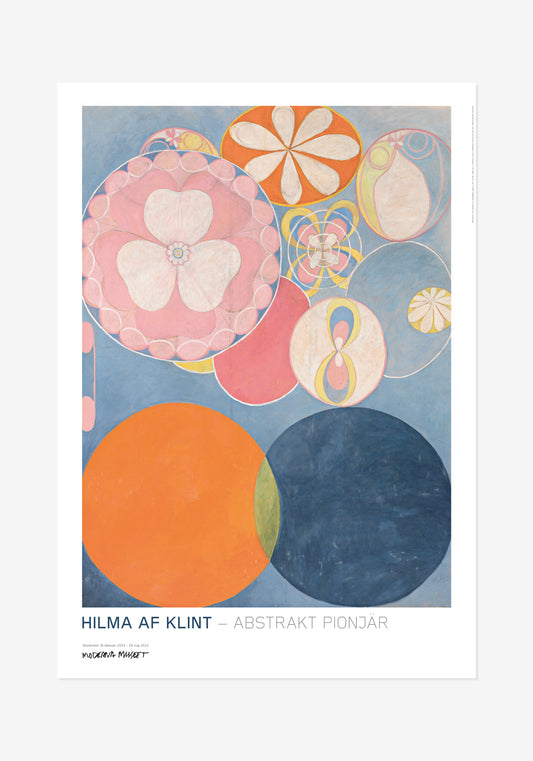 Poster med verket De tio största, Barnaåldern, Nr 2 av Hilma af Klint. Abstrakt motiv med cirklar och blomliknande former i orange, mörkblått och rosa.