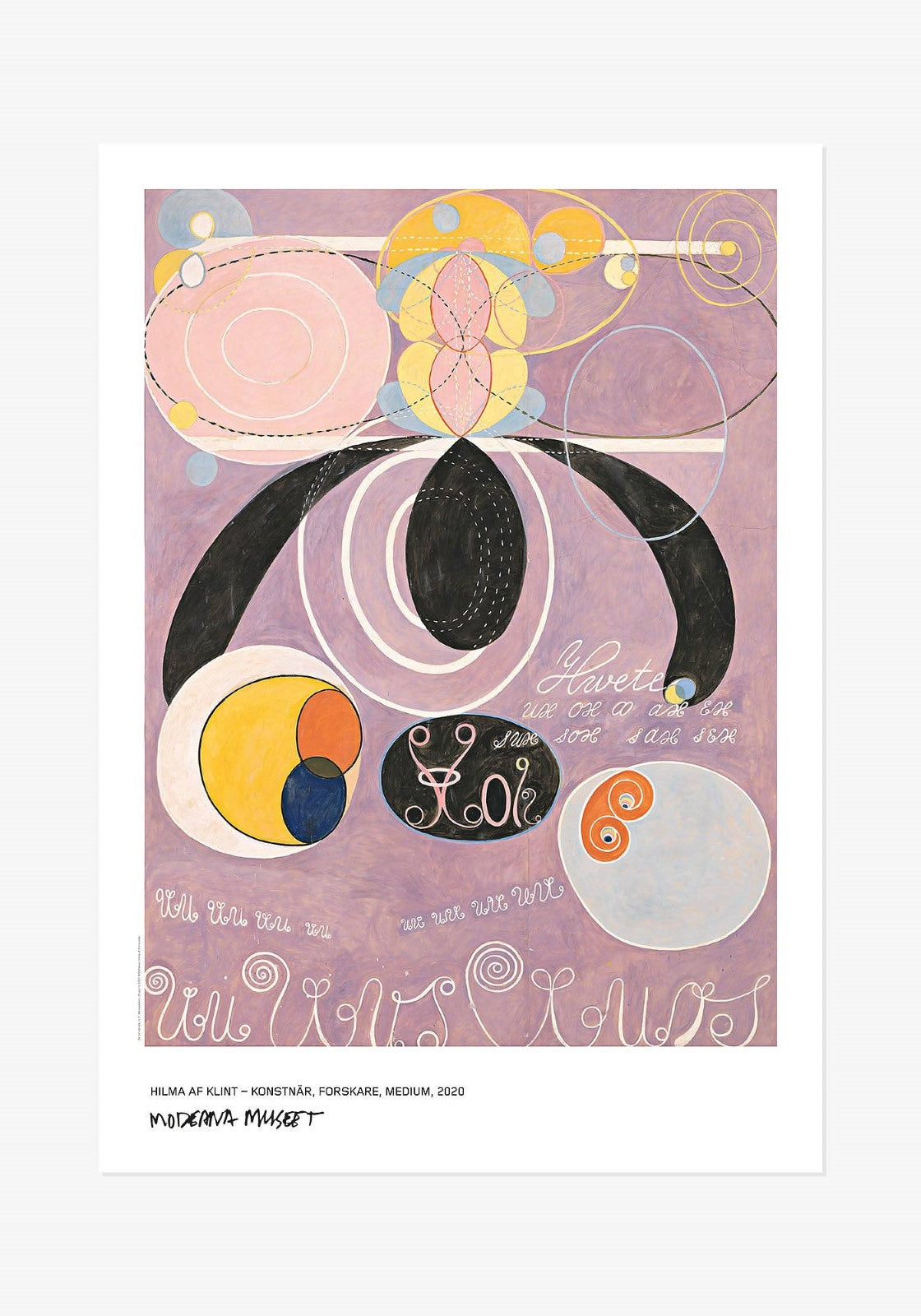Poster av Hilma af Klints verk Mannaåldern, Nr 6. Abstrakt motiv med lila bakgrund, geometriska cirklar och symboler.