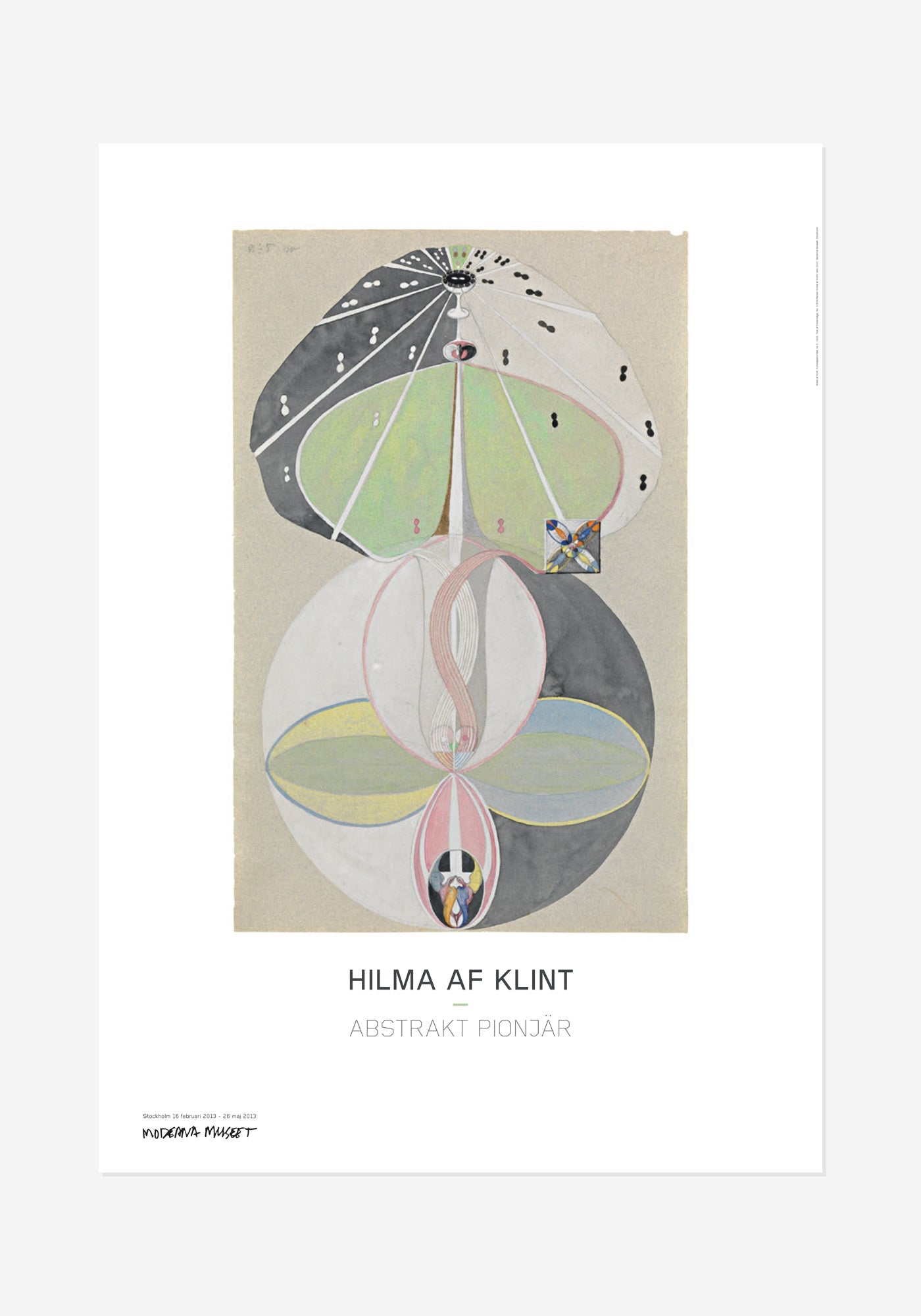 Poster av Hilma af Klints abstrakta verk Kunskapens träd, Nr 5. Motivet visar en symmetrisk, trädliknande organisk form uppbyggd av fält i svart, vitt, ljusgrönt och mjukt rosa mot en beige bakgrund. Längst ner står texten Hilma af Klint – Abstrakt pionjär.