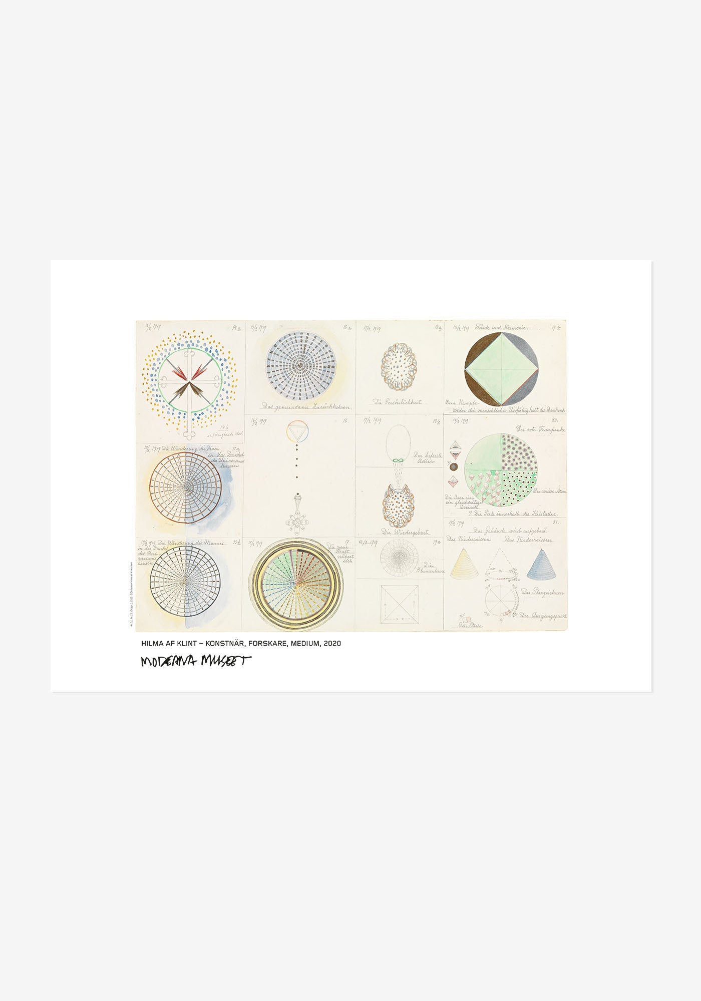 Poster: Hilma af Klints Nr 22 och Nr 23. Detaljerat motiv med ett ljust rutnät av geometriska diagram och handskriven text.