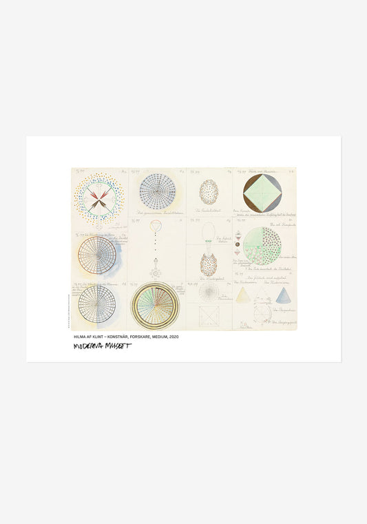 Poster: Hilma af Klints Nr 22 och Nr 23. Detaljerat motiv med ett ljust rutnät av geometriska diagram och handskriven text.