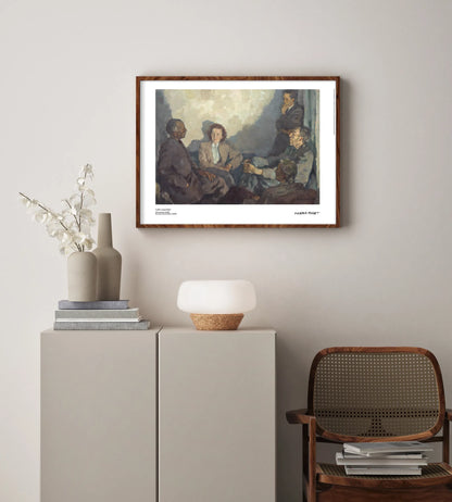 stämningsfull inramad poster av Lotte Laserstein målning Aftonsamtal som föreställer fyra människor i ett koncentrerat samtal