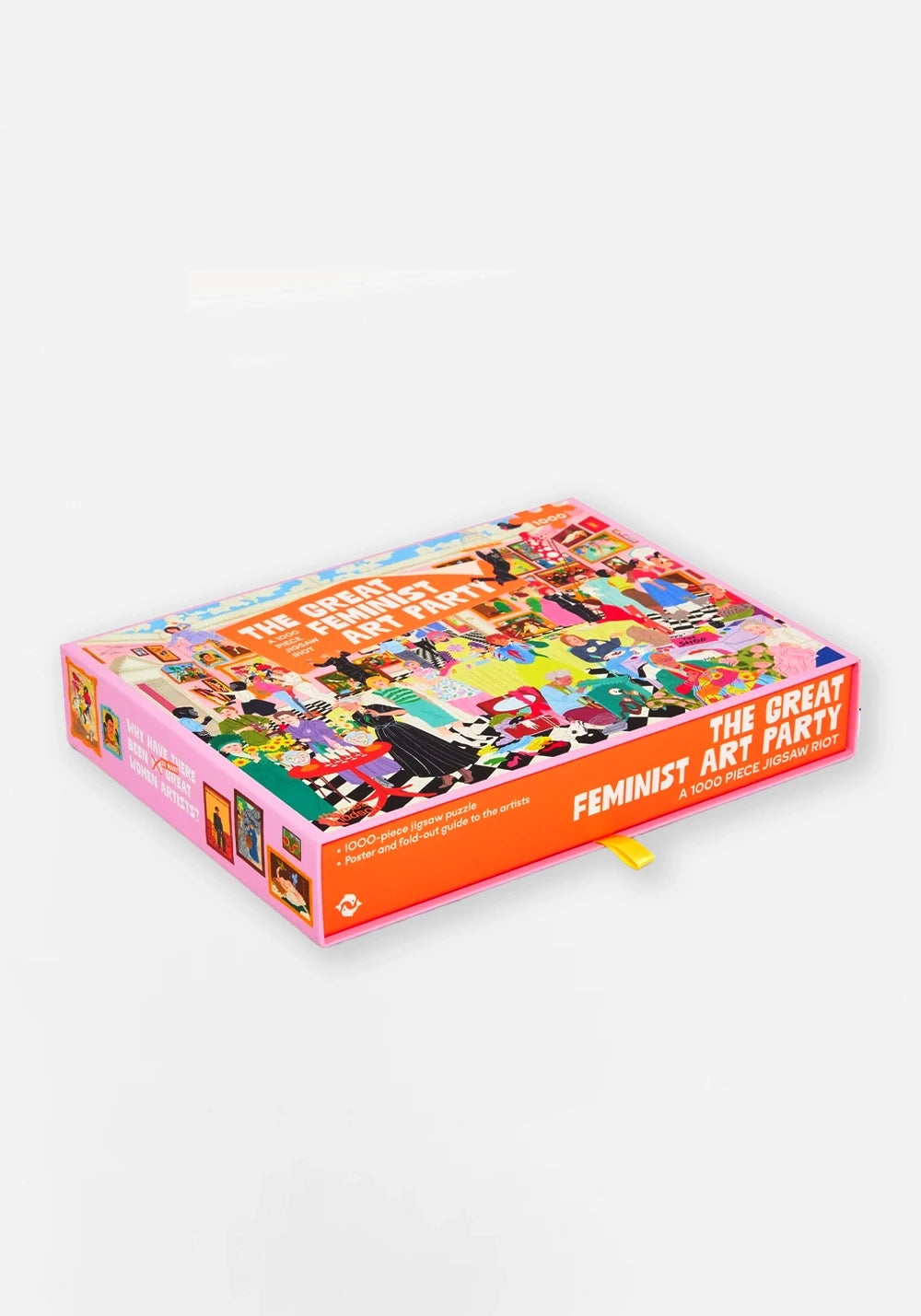 Kartong snett ovanifrån: Pusselkartong till The Great Feminist Art Party i rosa och orange, med illustration av en fest i ett galleri fullt av konstnärer.