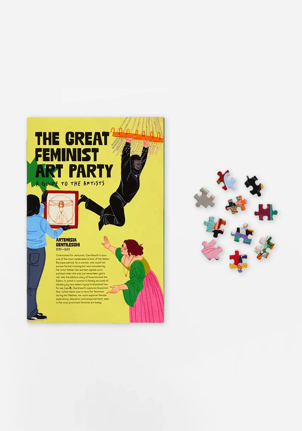 Guide och pusselbitar: Den gula guiden till The Great Feminist Art Party med illustrerade konstnärer, bredvid ett tiotal pusselbitar.