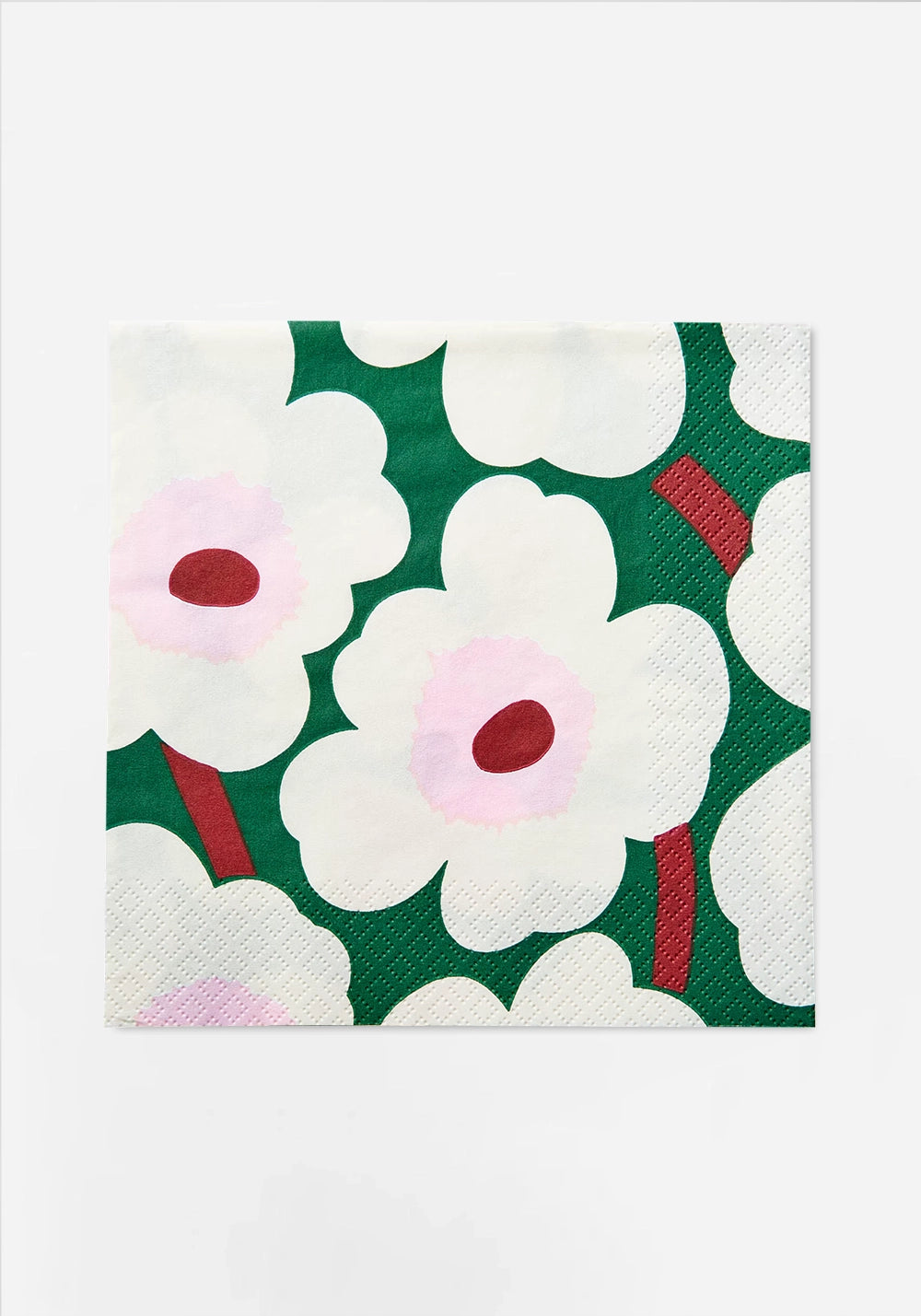 Servett i Marimekkos Unikko-mönster med stora vita vallmor med ljusrosa mitt mot djupgrön botten.