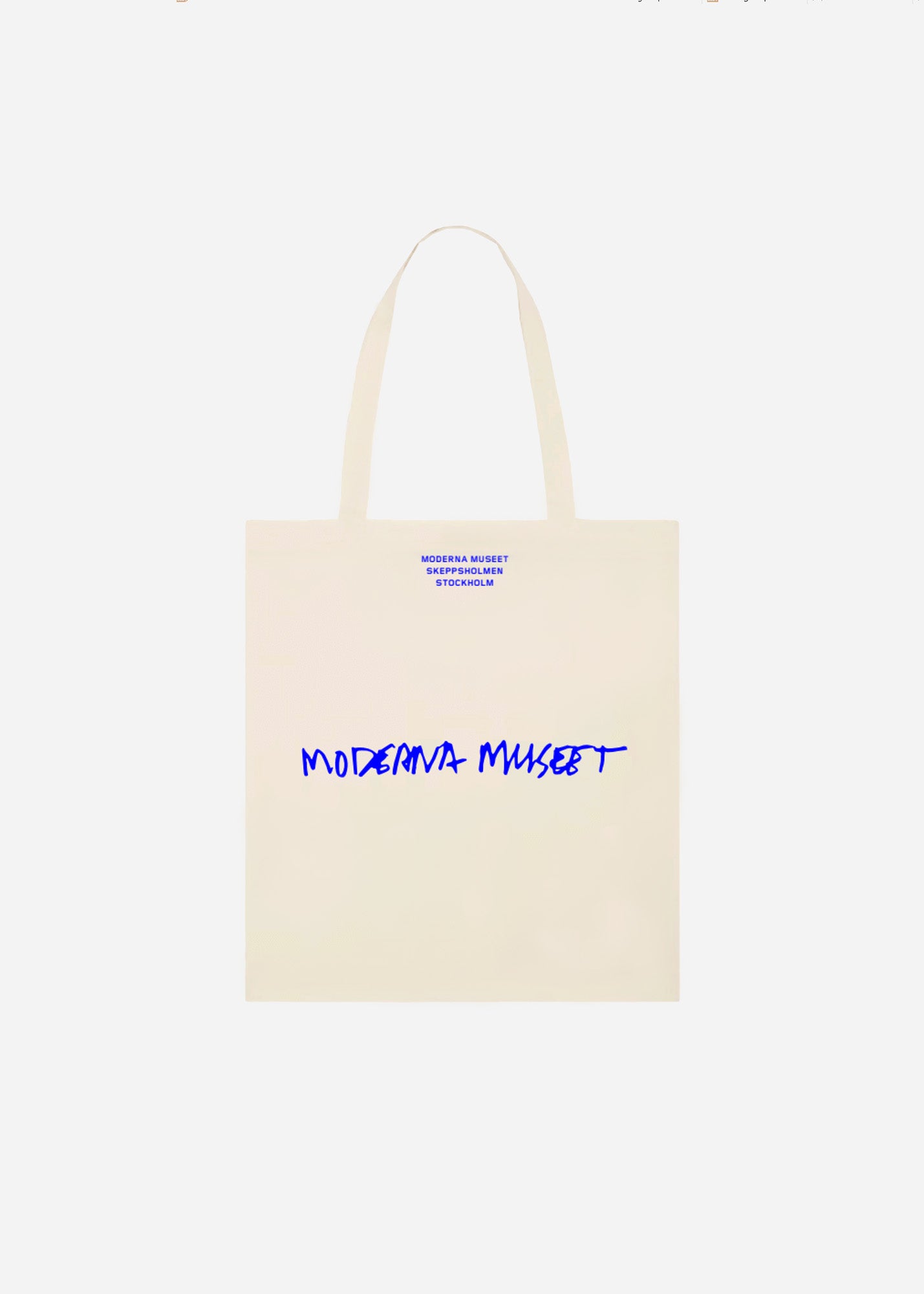 Tygkasse, Moderna Museet, Naturvit botten med blått tryck
