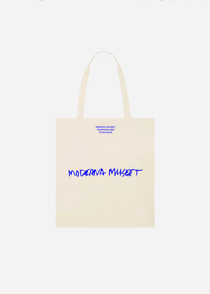 Tygkasse, Moderna Museet, Naturvit botten med blått tryck