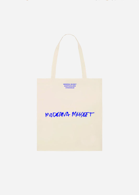 Tygkasse, Moderna Museet, Naturvit botten med blått tryck