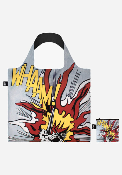 Hopfällbar tygväska med Roy Lichtensteins Whaam!, en explosion i rött och gult, och en liten matchande ficka med blixtlås